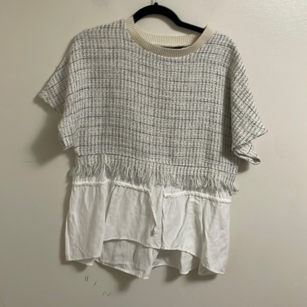 Zara Ivory and Light Gray Layered Fringe Knit Sweater